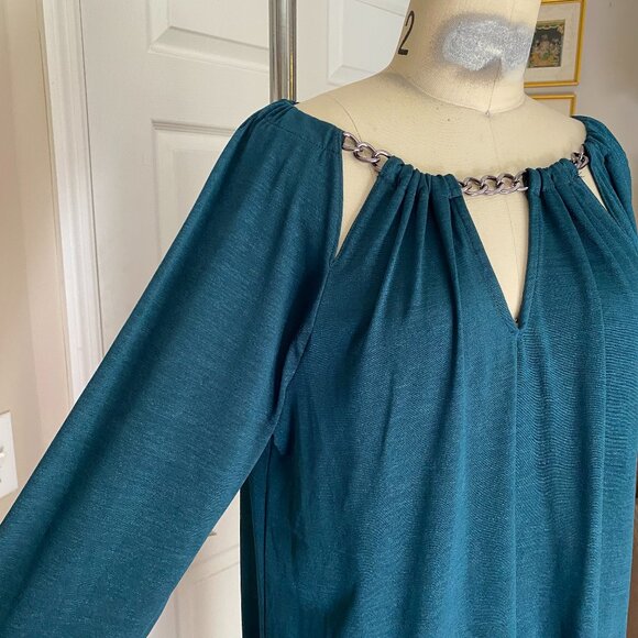 JLo Jennifer Lopez TEAL Slinky chain collar Y2K Peasant Tunic Shirt *SMALL* - Picture 3 of 6